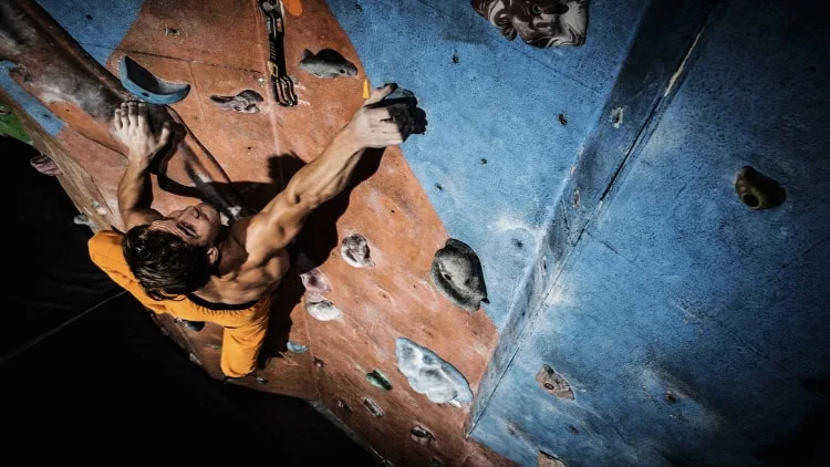 Muscular man doing indoor rock climbing