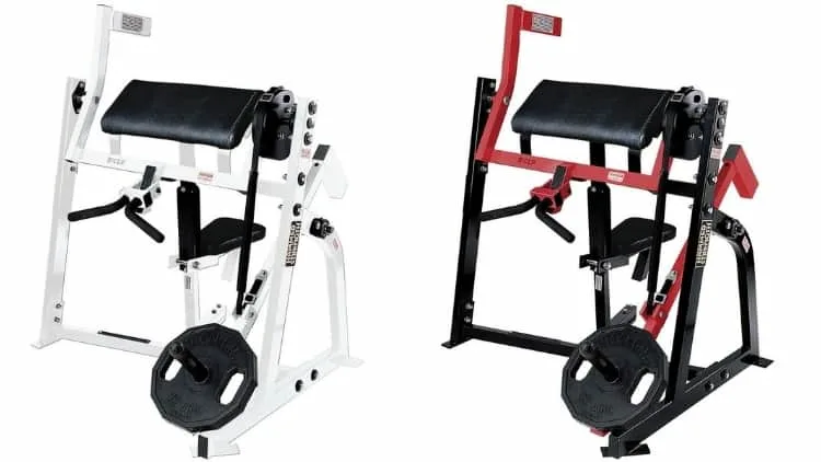 A Hammer Strength plate loaded preacher curl machine