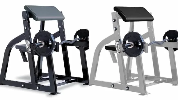 A Hammer Strength preacher curl bench