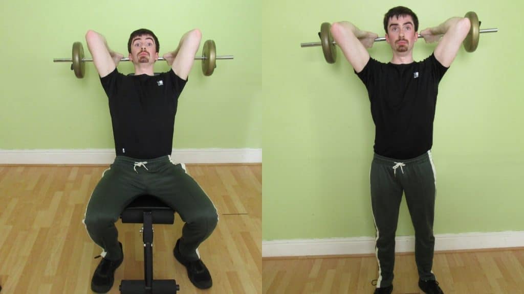 A man doing an overhead barbell seated tricep extension