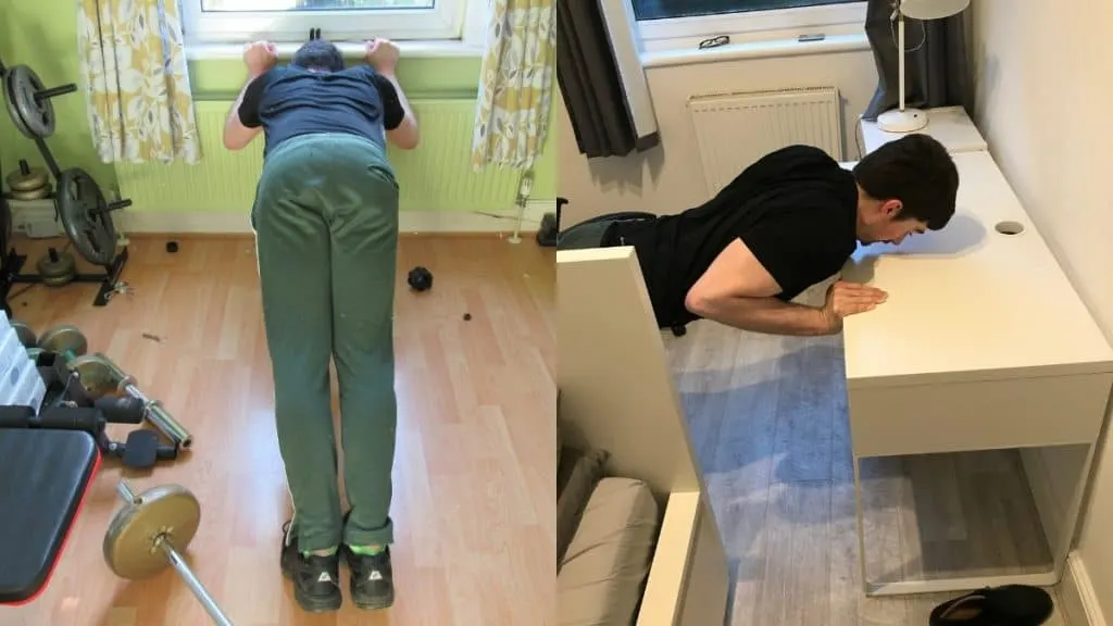 A man doing bodyweight tricep extensions at home