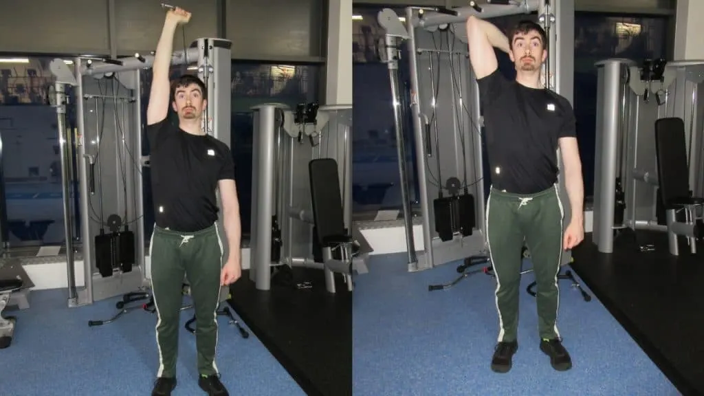 A man doing a cable single arm overhead extension for his triceps