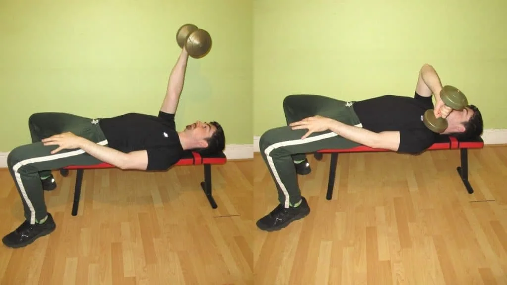 A man performing a lying cross body tricep extension with a dumbbell on a flat bench