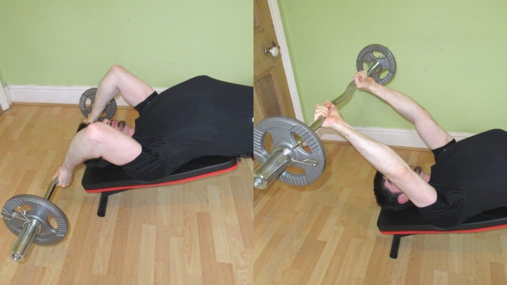 A man performing a decline French press for his triceps