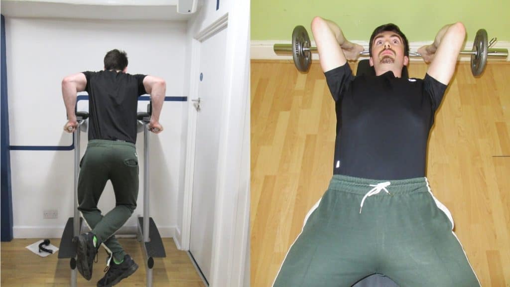 A man at the gym doing a dips vs lying tricep extensions comparison