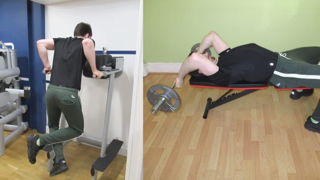 A man performing a dips vs triceps extensions comparison