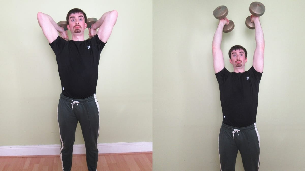 A man doing a dumbbell French press for his triceps
