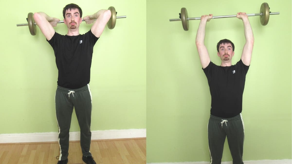 A man doing a barbell French press workout for his triceps