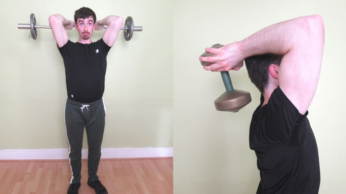 A man doing the French presses exercise for his triceps