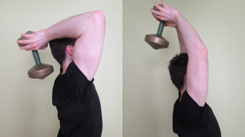 A man demonstrating how to do an overhead tricep extension with a dumbbell