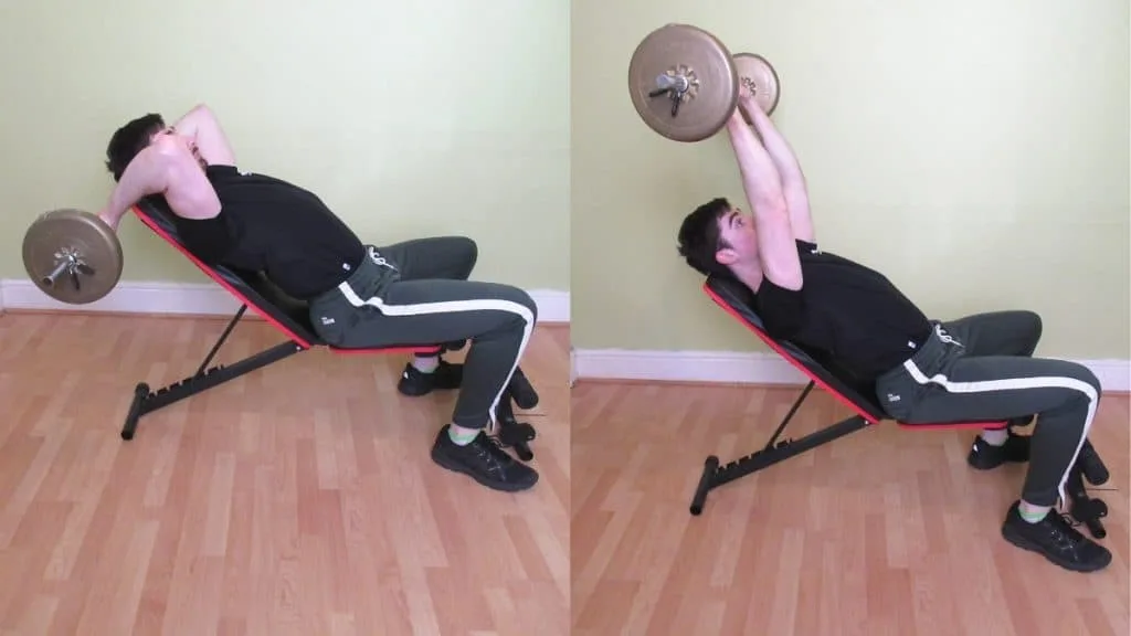 A man doing an incline barbell tricep extension