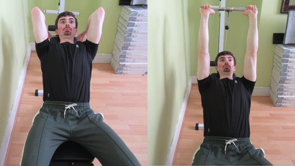 A man doing an incline cable tricep extension with a bar