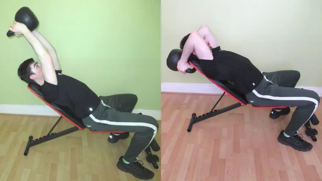 A man performing an incline kettlebell French press