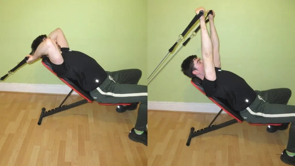 A man doing an incline resistance band tricep extension