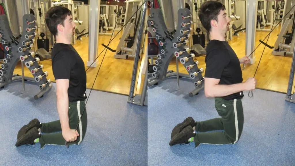 A man doing a kneeling cable crossover tricep extension at the gym