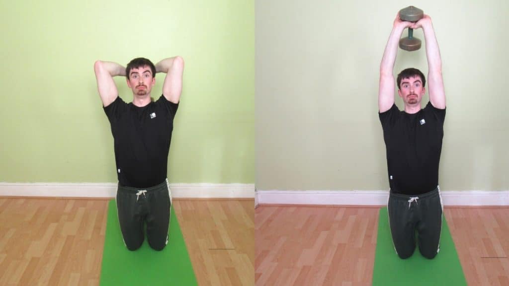 A man doing a kneeling dumbbell French press for his triceps