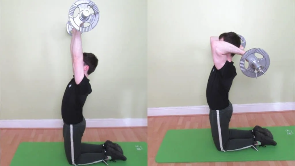 A man doing a kneeling EZ curl bar French press