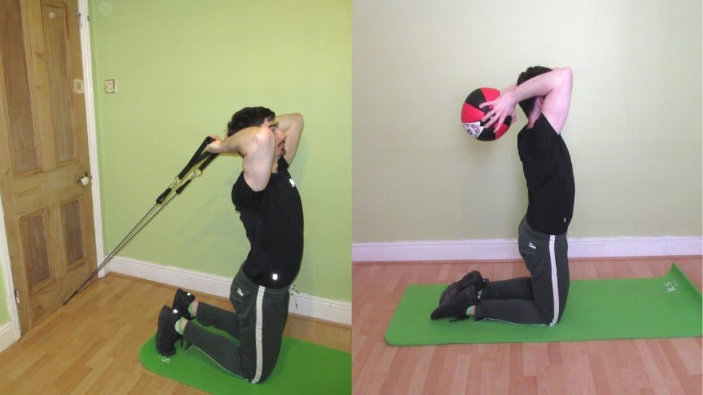 A man performing some kneeling French press exercises