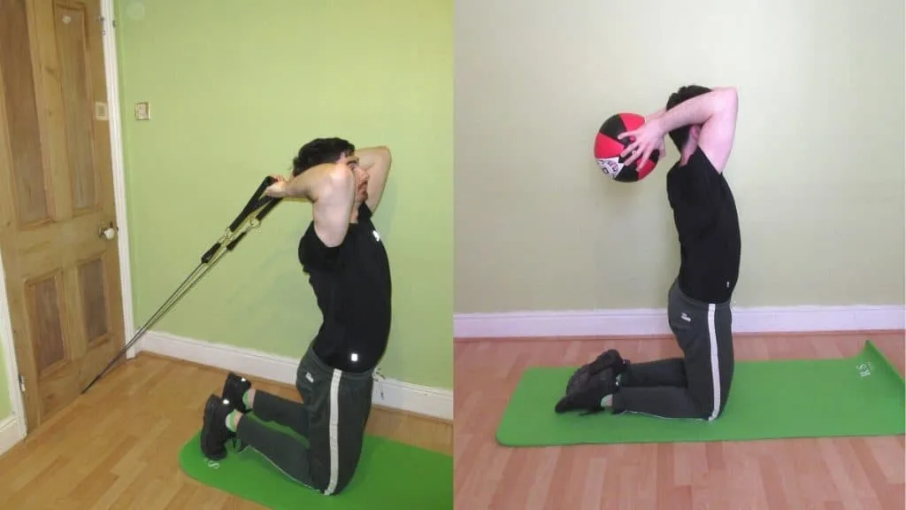 A man performing some kneeling French press exercises