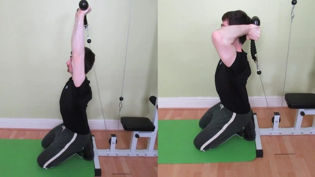 A man performing a kneeling overhead cable tricep extension with a rope