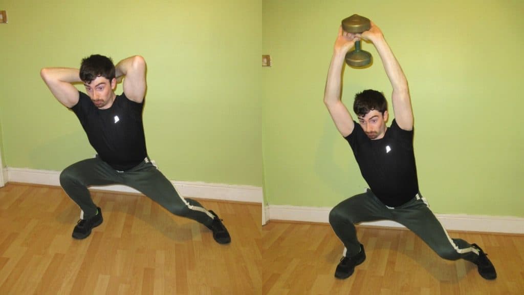 A man performing a lateral lunge wth tricep extension