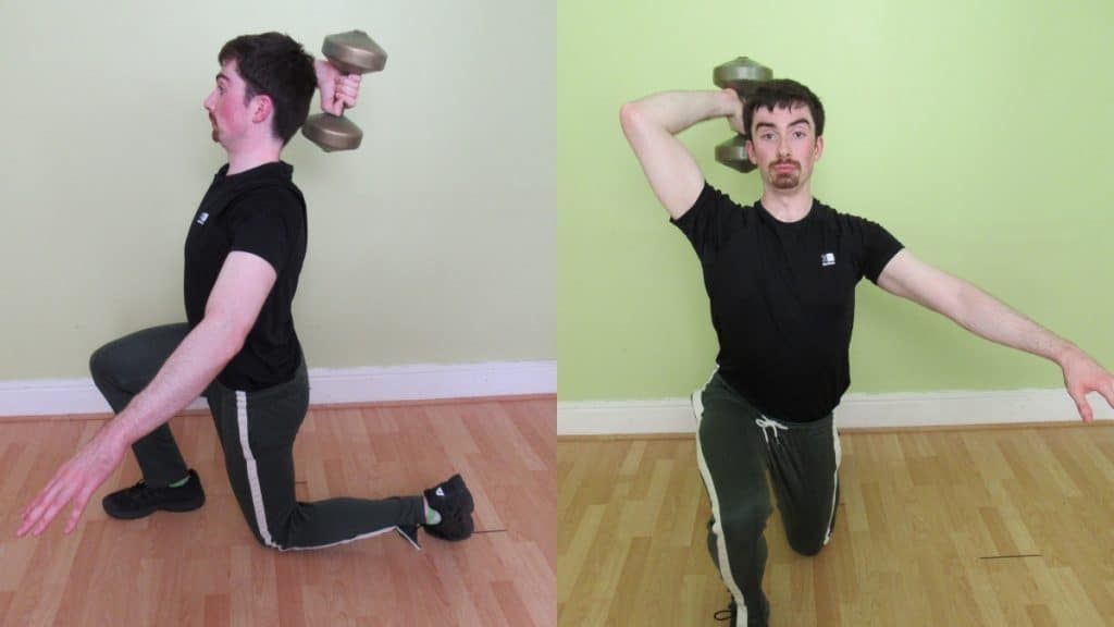 A man performing a lunge with tricep extension