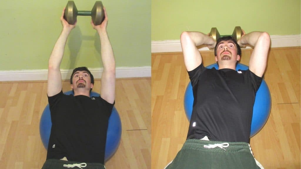 A man performing a lying stability ball French press