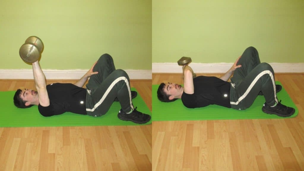 A man performing a one arm cross body tricep extension on the floor