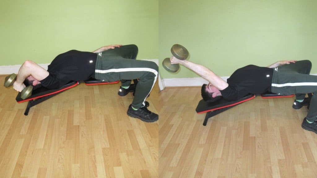 A man doing a one arm decline French press