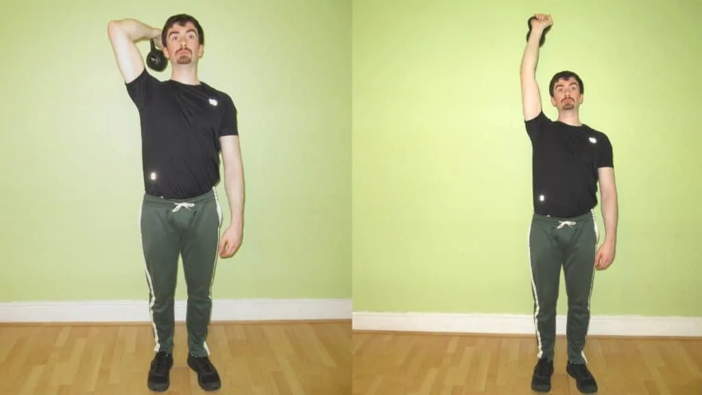 A man performing a one arm kettlebell French press