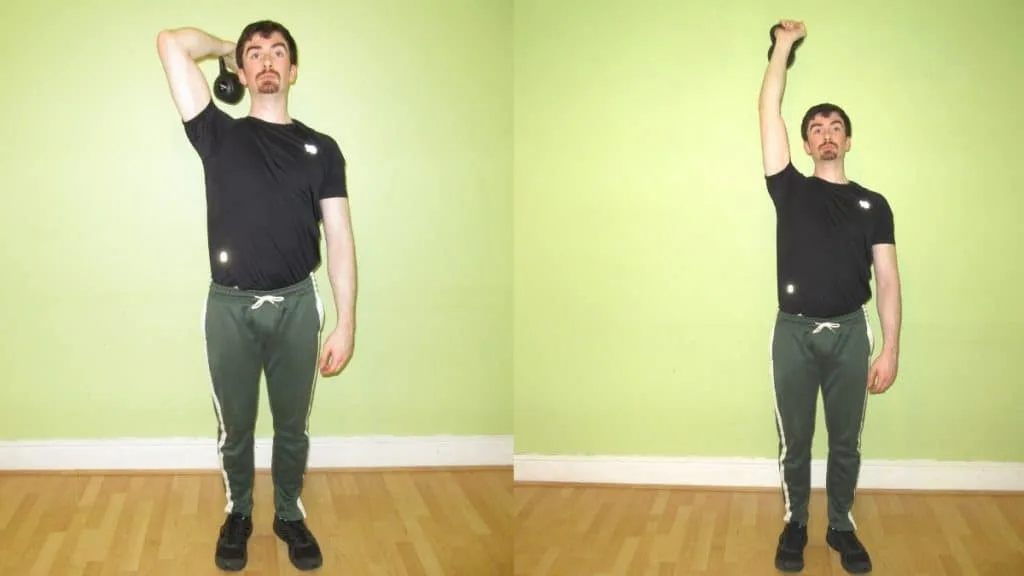 A man doing a one arm kettlebell tricep extension