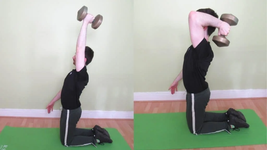 A man doing a one arm kneeling French press