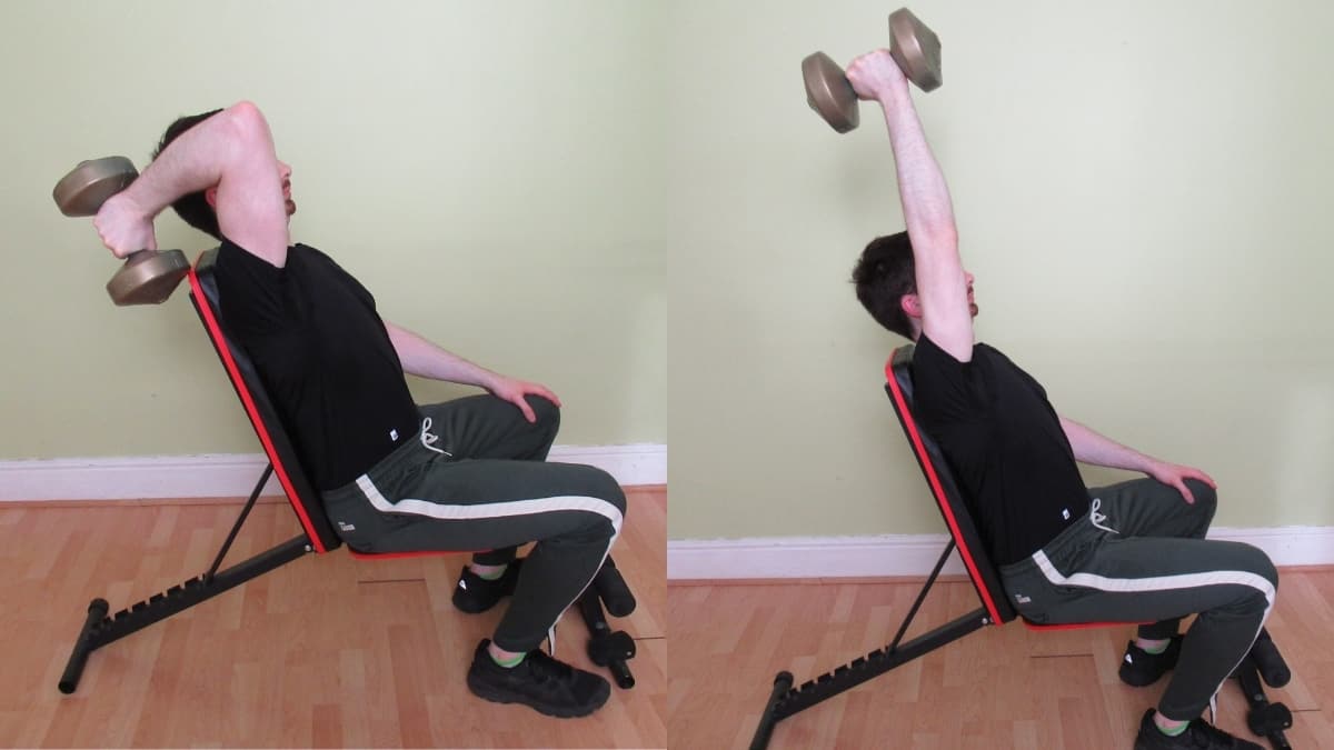 A man doing an overhead one arm seated dumbbell extension for his triceps