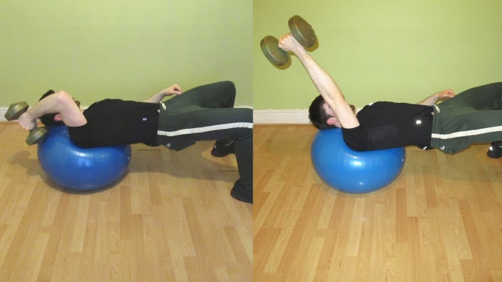 A man performing a one arm stability ball French press