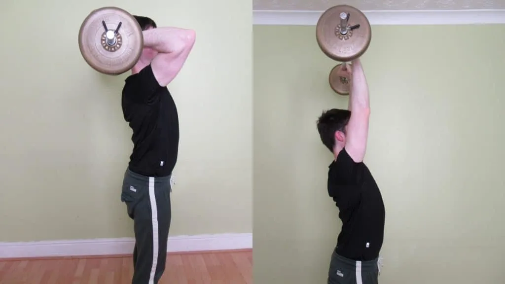 A man demonstrating the proper form for an overhead barbell extension