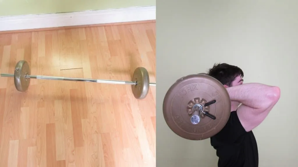 A man performing an overhead barbell triceps extension exercise during his workout