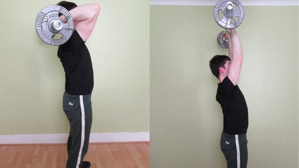 A man doing an overhead EZ bar extension for his triceps