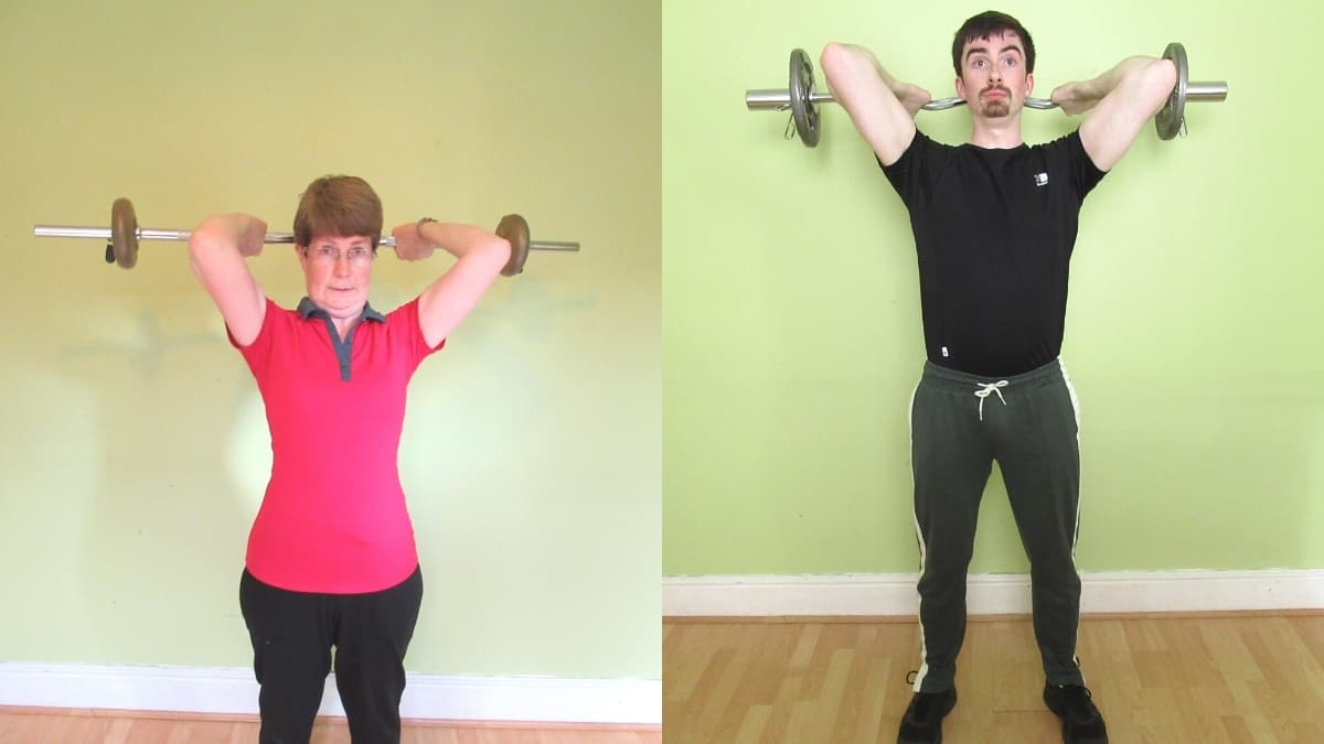 A man and a woman performing an overhead French press workout for their triceps