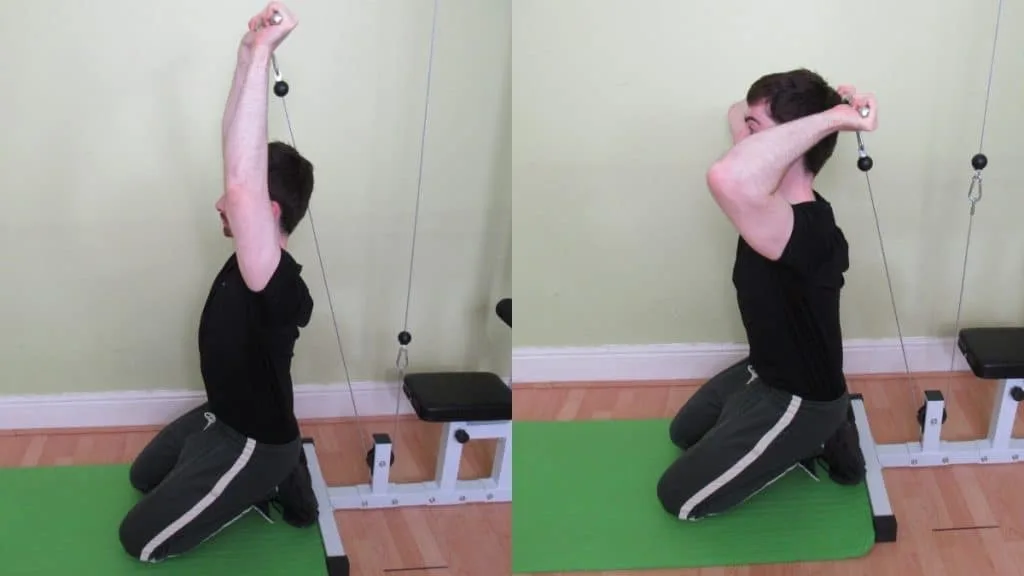 A man doing an overhead kneeling cable triceps extension