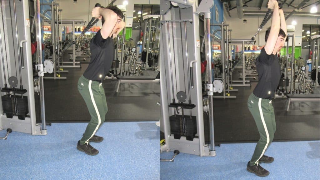 A man making a common overhead rope tricep extension mistake: lifting the weight with momentum