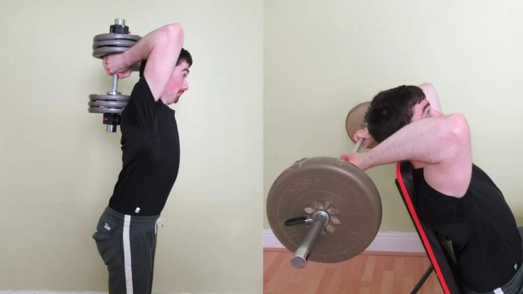 A man showing how lifting too heavy during an overhead tricep extension can lead to elbow pain