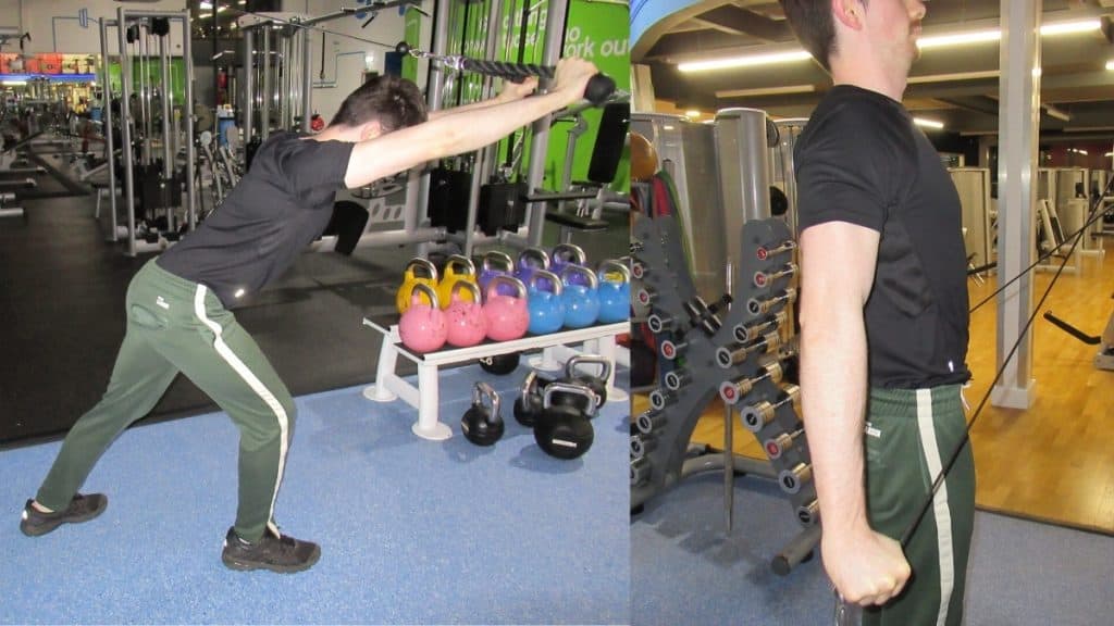 A man at the gym showing the differences between overhead tricep extensions and pushdowns