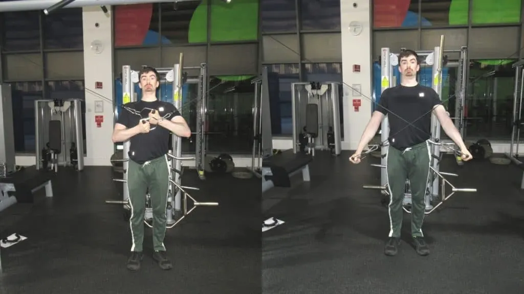 A man doing a reverse grip cable crossover tricep extension