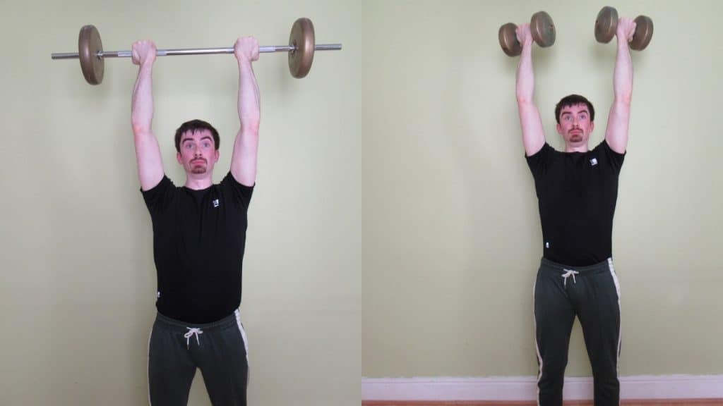 A man doing reverse grip overhead triceps extensions