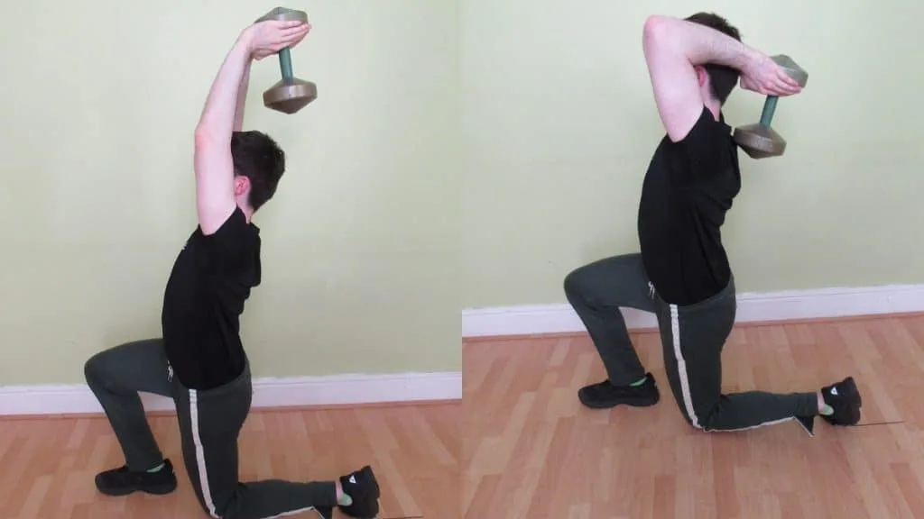 A man performing a reverse lunge with an overhead tricep extension