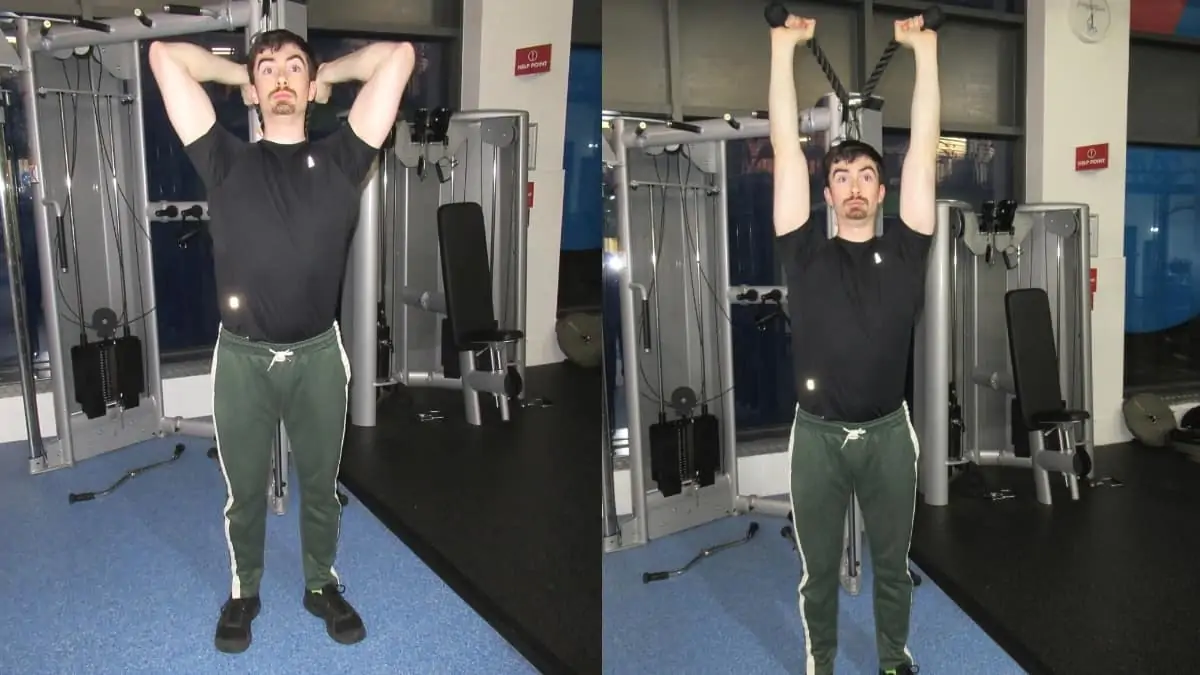 A man at the gym doing a rope cable French press for his triceps