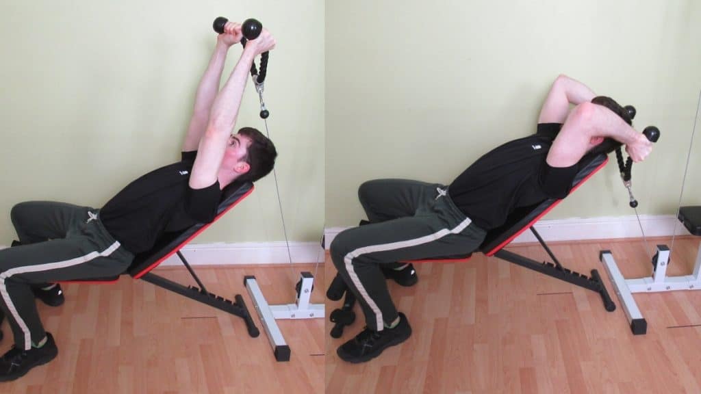 A man doing a rope cable incline tricep extension during his workout