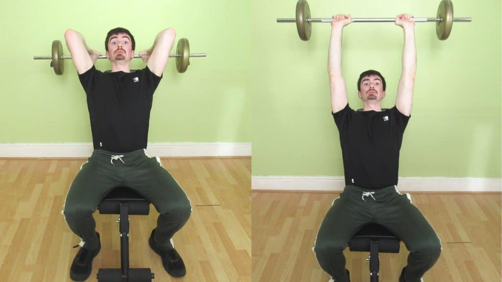 A man doing a seated barbell French press for his triceps