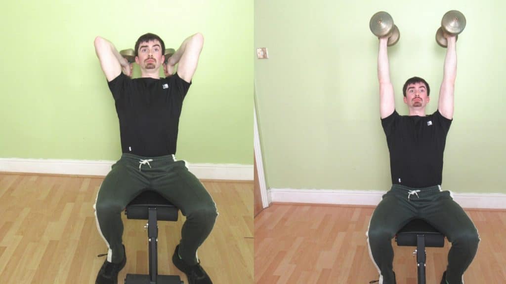 A man performing a seated dumbbell French press
