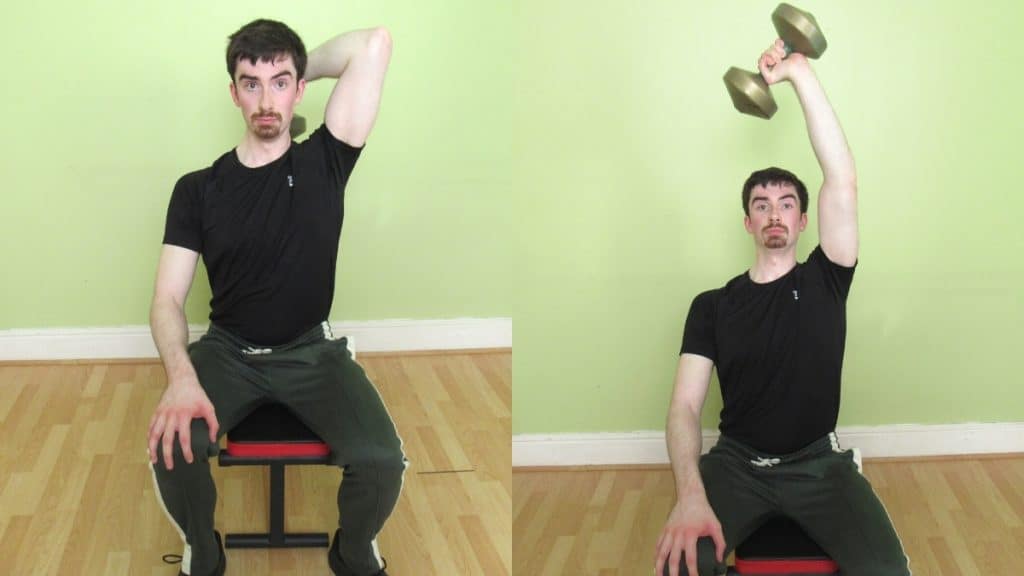 A man doing a seated single arm dumbbell French press for his triceps